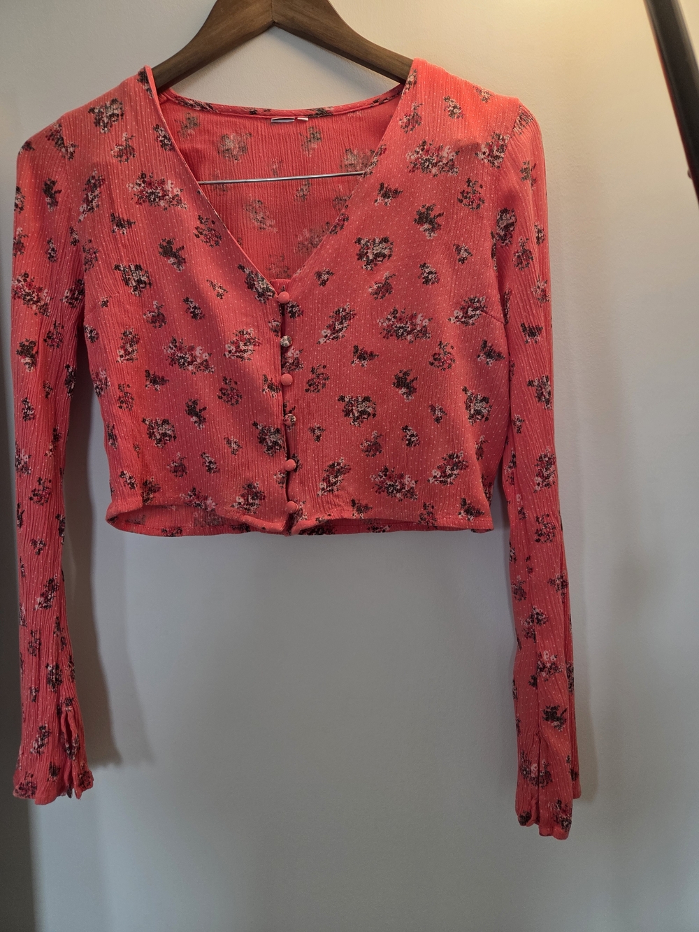 Coral Floral Ribbed Button-Front Crop Top - Women